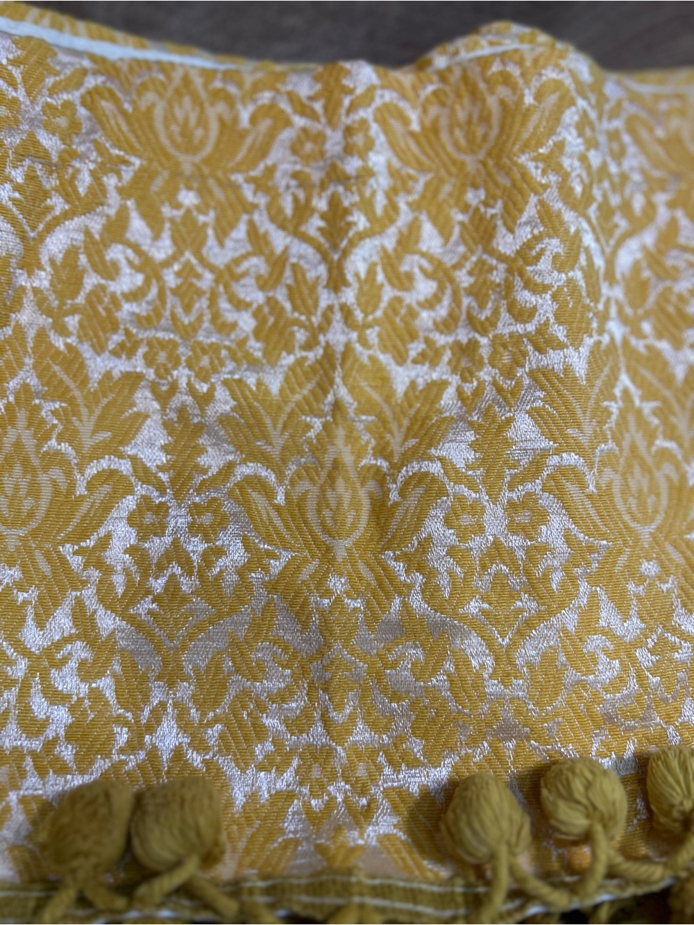 Vintage 5-Pc Yellow & Ivory Damask Curtain Set - 2 Panels, Valance, Tie-backs Po